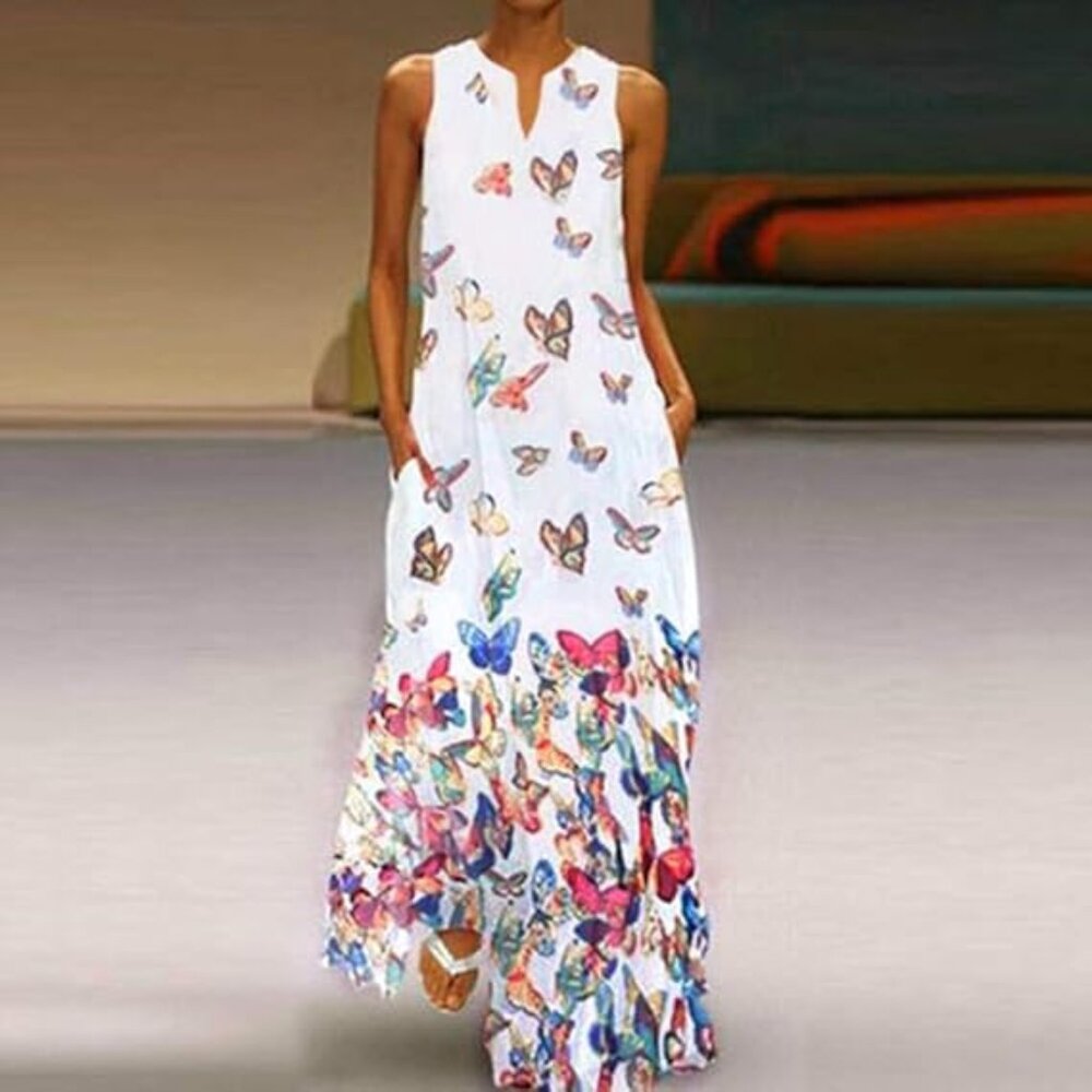 Maxi Dress Butterfly Sun Dress A Line with Pockets